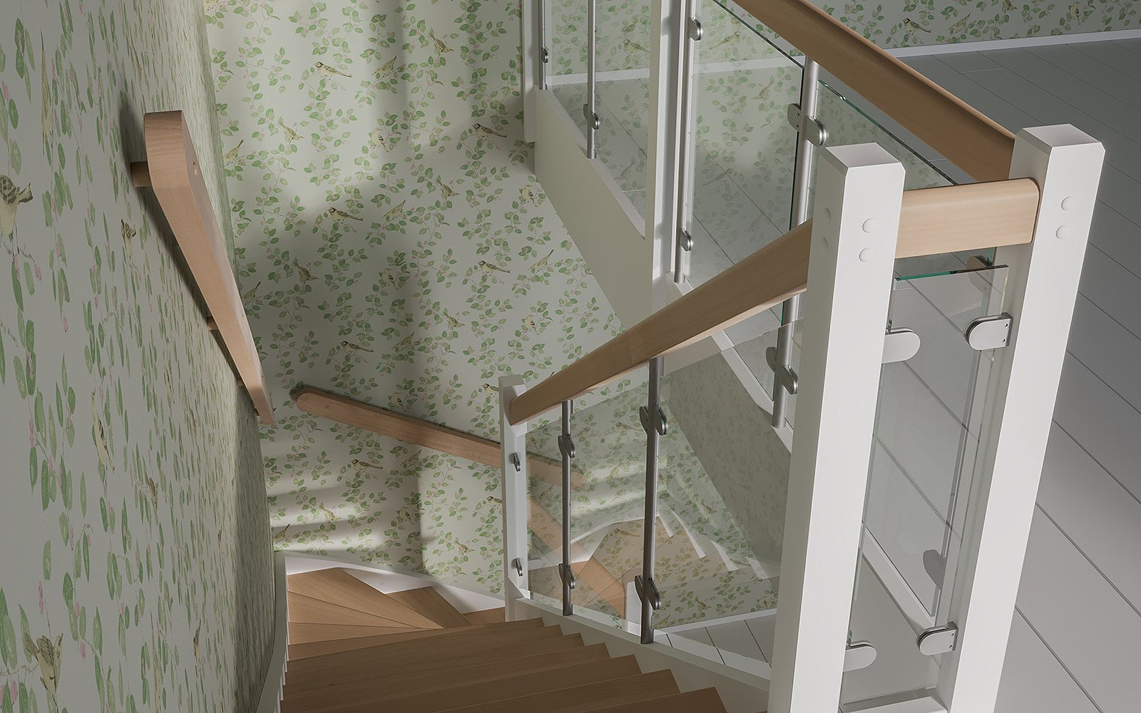 Öppen L-trappa med glasräcke